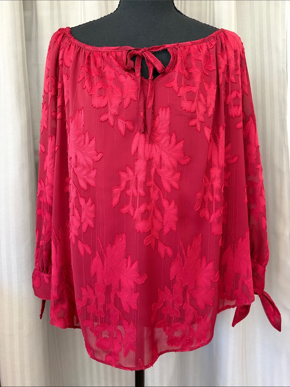 BCX Red Floral Sheer w/Lining Peasant Blouse